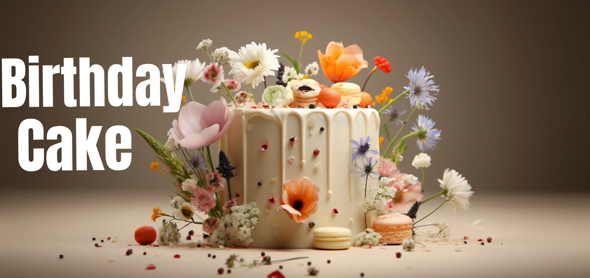 "ABanner of Elegant birthday cake decorated with colorful flowers, macarons, and white chocolate drip on a beige background."